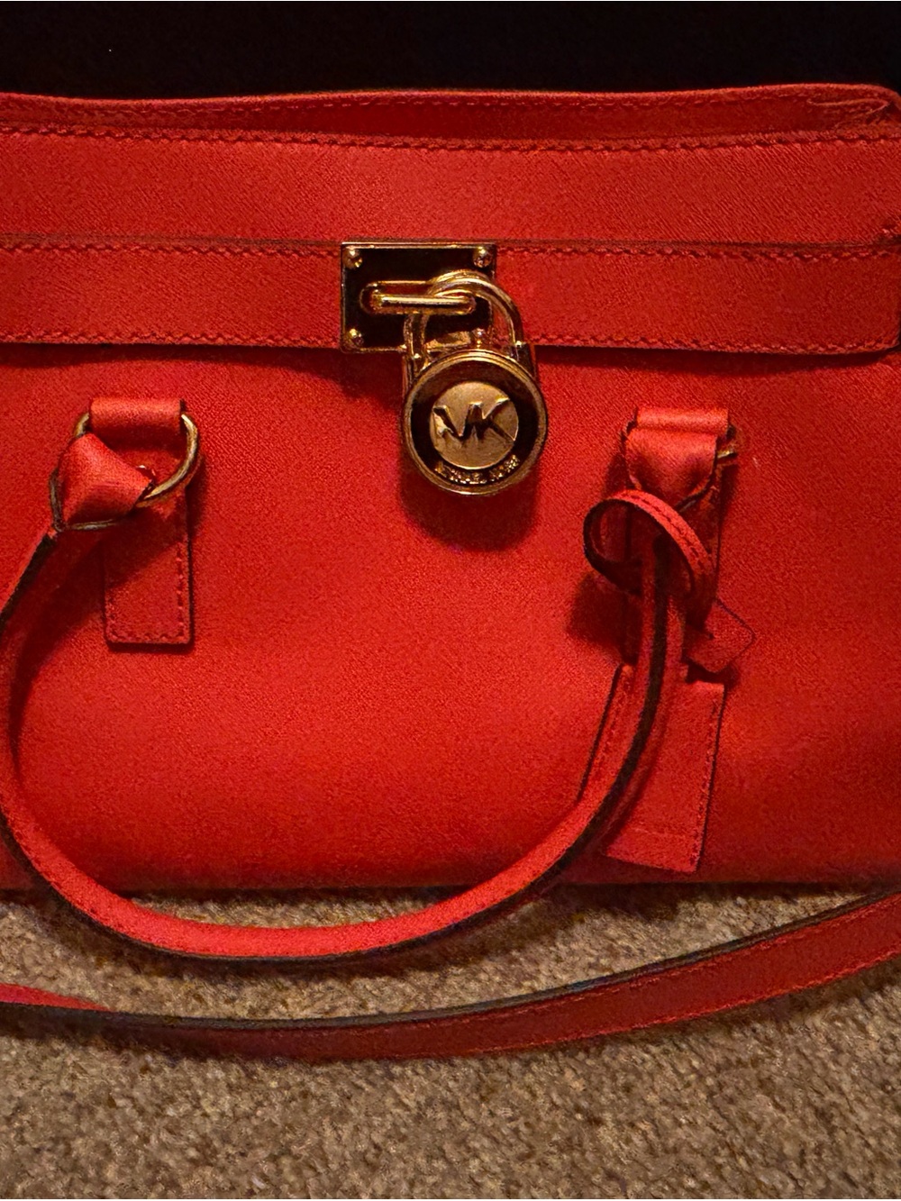 Michael Kors Red Saffiano Leather Hamilton Satchel with Gold-Tone Lock